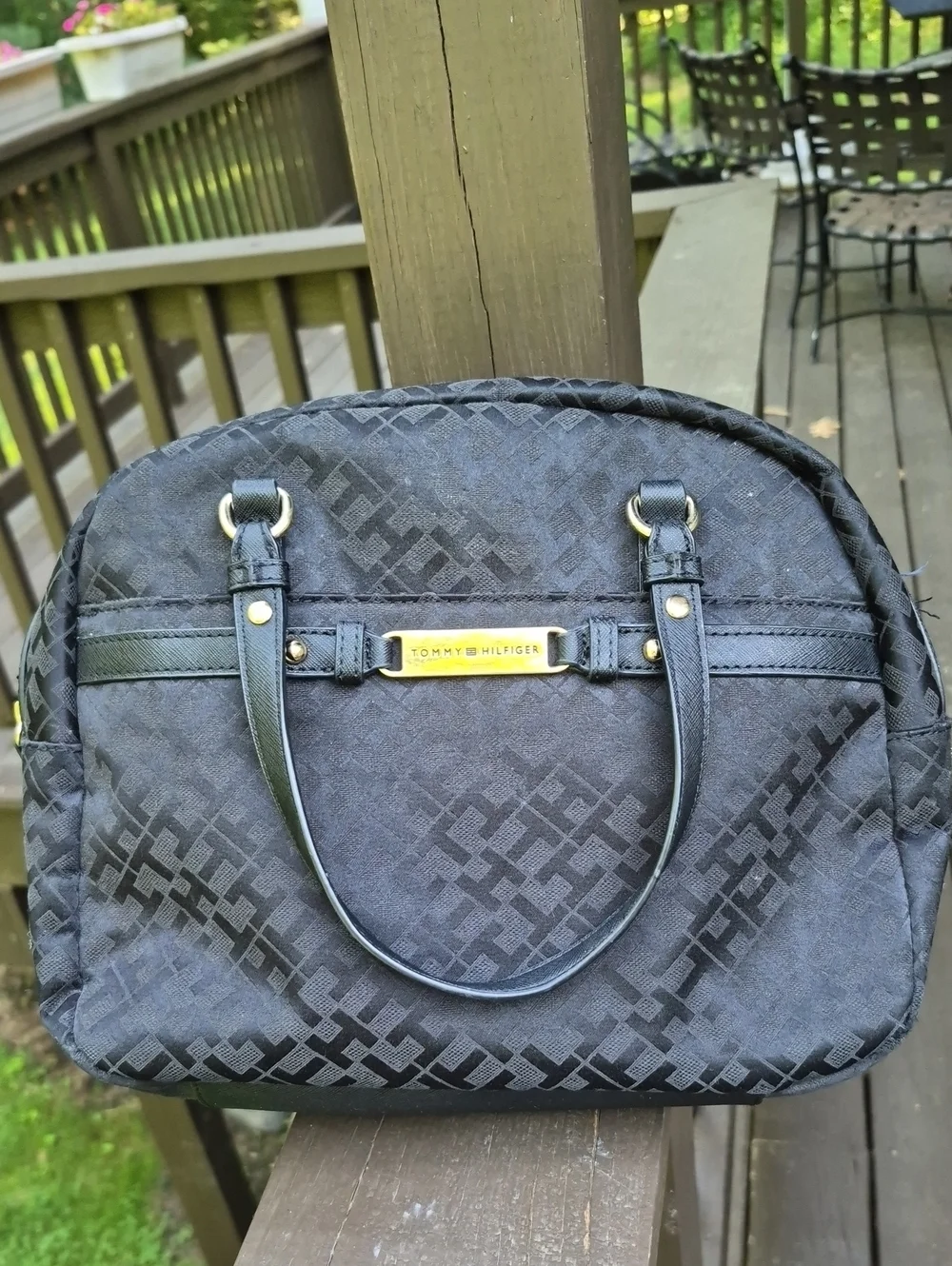 Tommy Hilfiger Black monogram jacquard signature pattern Dome Satchel bag
